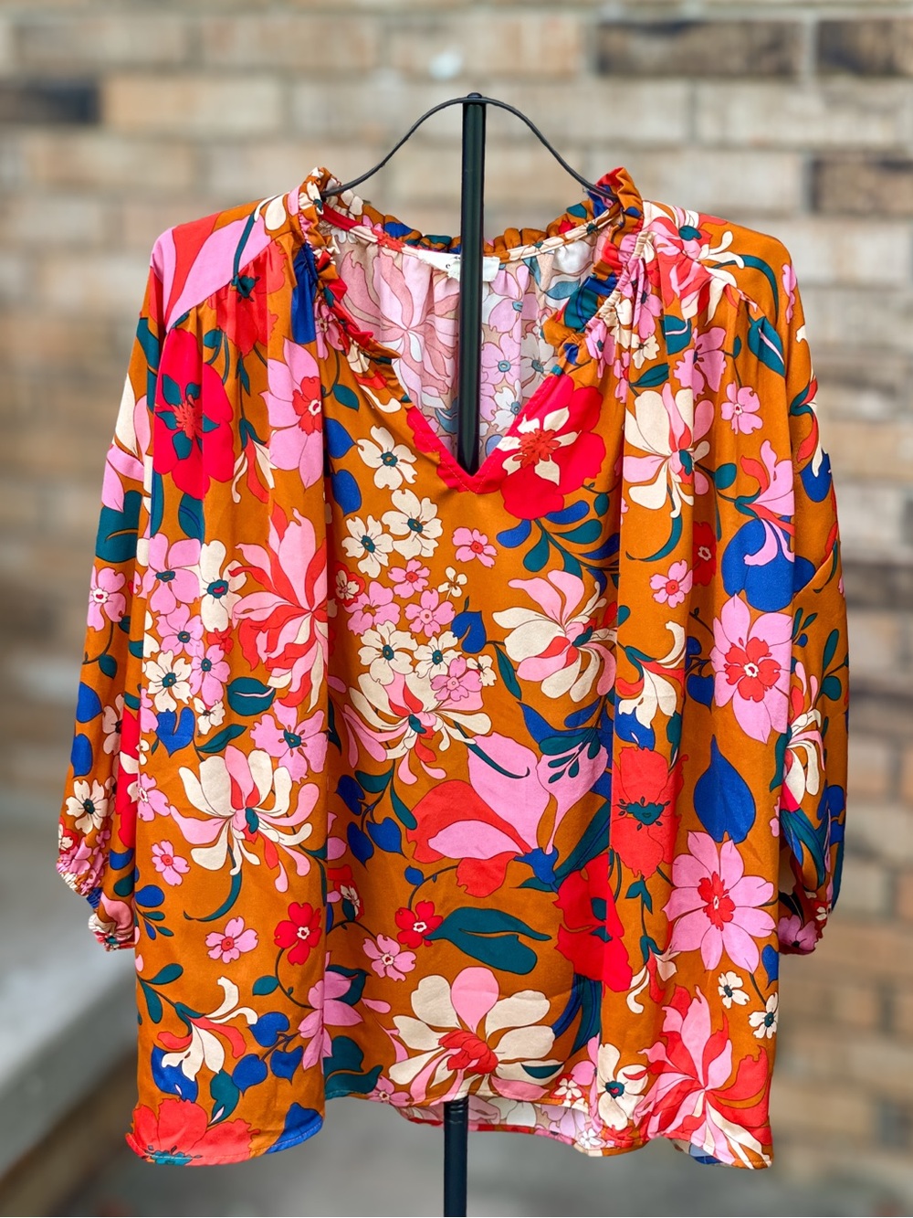Entro Retro Floral Balloon Sleeve Blouse Size Large Boho